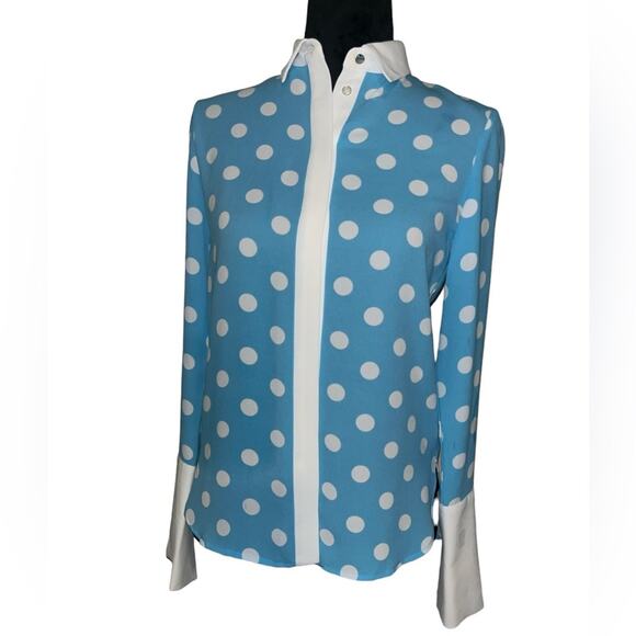 Anne Klein Tops - VINTAGE ANNE KLIEN POLKA DOT BLOUSE WITH SLIT CUFF SIREN BLUE/NYC WHITE SIZE XS